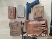 Leuchtpistolen Set mit Fallschirm- und Leuchtpatronen, Ledertasche